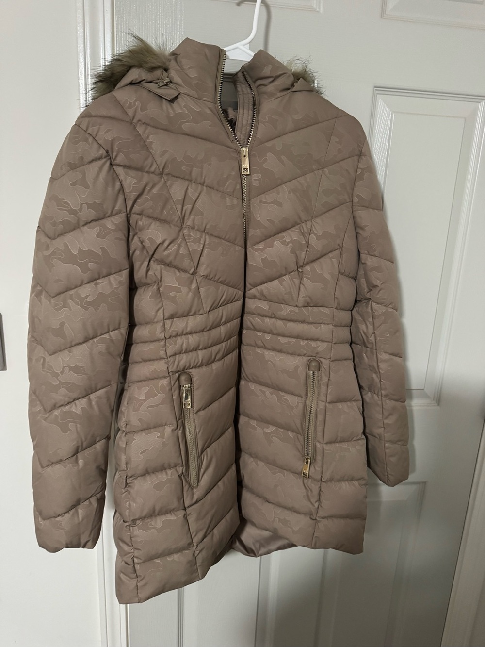 Michael Kors Taupe Quilted Hooded Puffer Coat with Faux Fur Trim